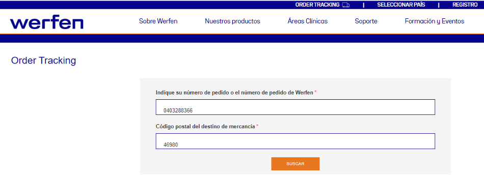 Apenas necessita do número da encomenda (da Werfen ou do cliente) e do código postal do ponto de entrega